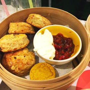 Savoury cheese scones served with red pepper relish and cream cheese