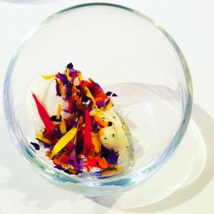 Mascapone with edible flowers and ice-cream