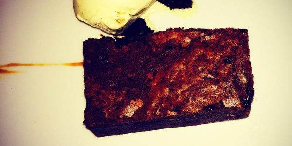 Chocolate brownie, salted caramel and madagascan vanilla ice-cream