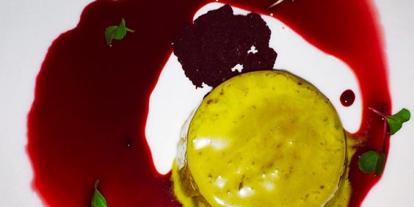 Pistachio parfait with cherry coulis