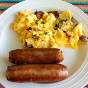 Sausages and scrambled eggs for brekkie