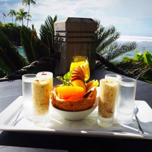 Fresh tropical fruits, oats, yoghurt and coconut water