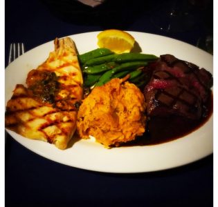 Mixed grill fillet of trout, elk tenderloin, sweet potato, sugar snap peas