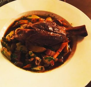 Red wine braised lamb shank, potatoes, carrots