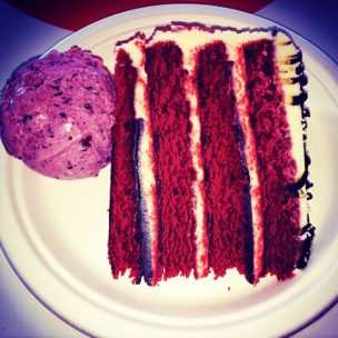 Red velvet cake with huckleberry icecream