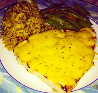 Swordfish with rice and sugar snap peas