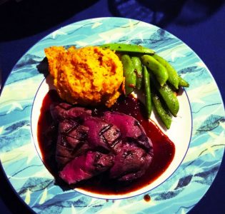 Elk tenderloin, sweet mash, sugar snap peas