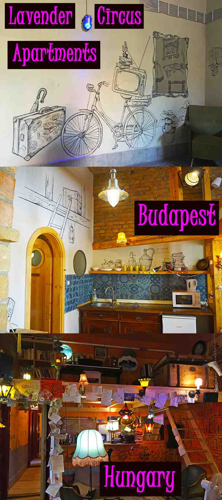 Lavender Circus Apartment, Budapest, Hungary – WhodoIdo: A unique hand drawn designed apartment located in the heart of Budapest. A bright, spacious, split level apartment with a fully equipped kitchen, lounge area and bathroom. A 20 min walk to Szechenyi Baths and Heroes’ Square and close to the State Opera House. Great value for money!