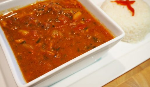 Caribbean chicken served with rice