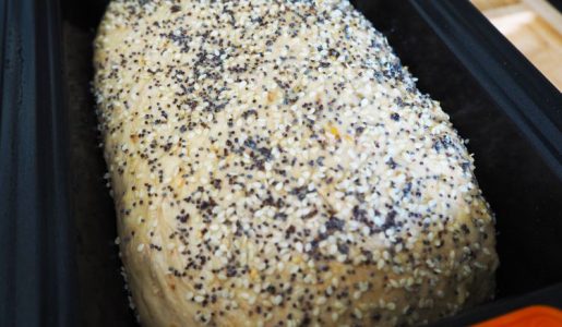 Seeds sprinkled on top of the seeded loaf
